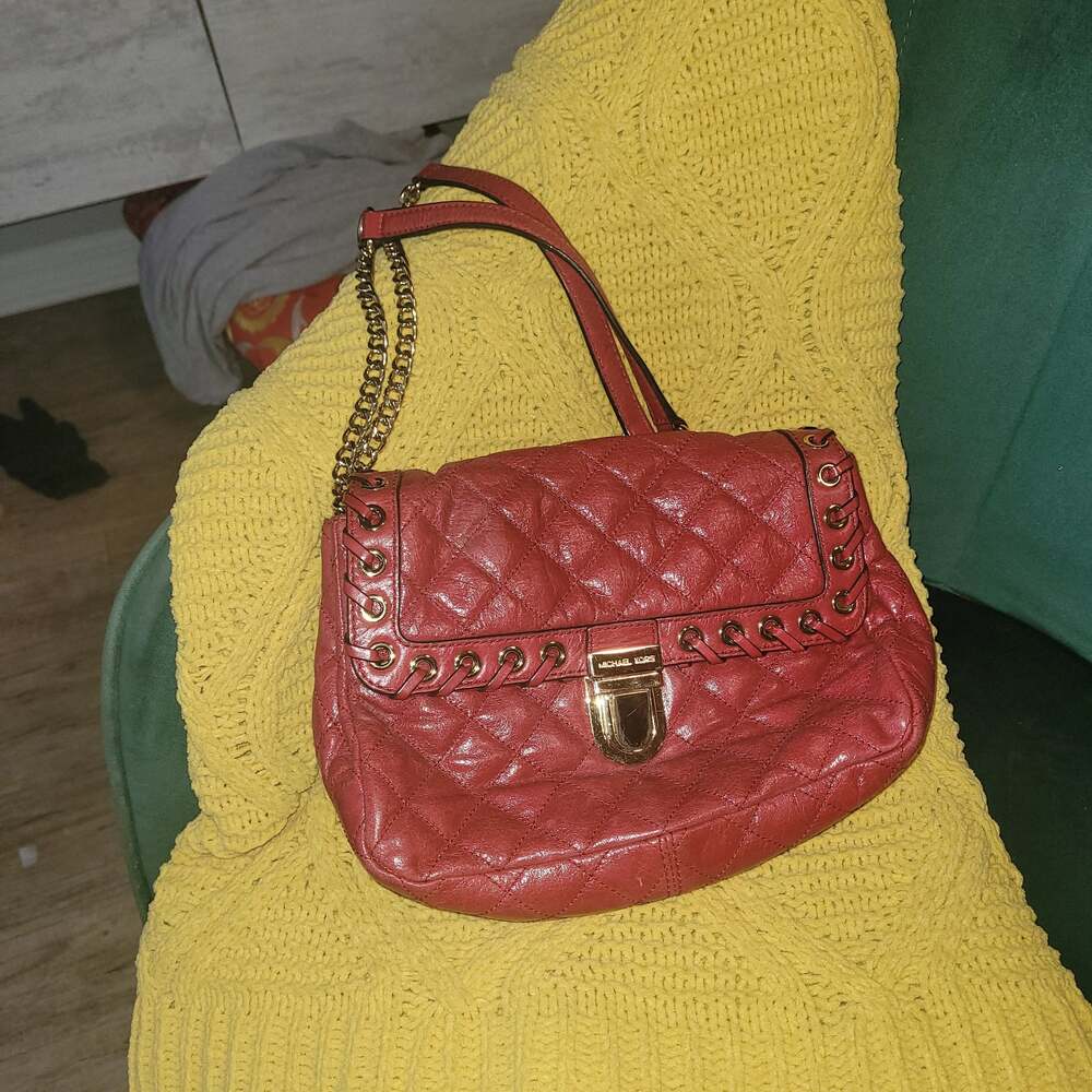 Michael Kors Hippie Grommet Sloan Large Quilted Shoulder Flap Handbag Red & Gold